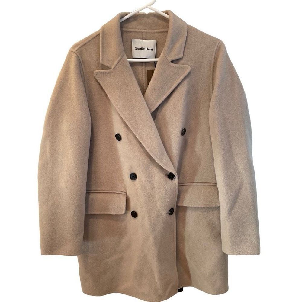 Gentle Herd Coat Womens L Cool Taupe Double Breasted Slim Fit Wide Collar Wool